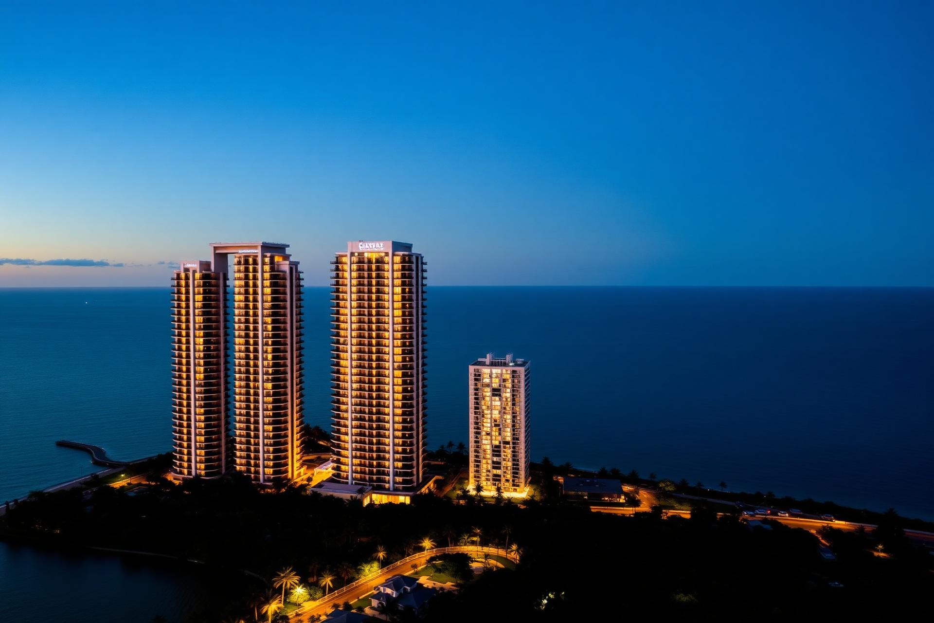 South Florida luxury high-rise skyline at twilight